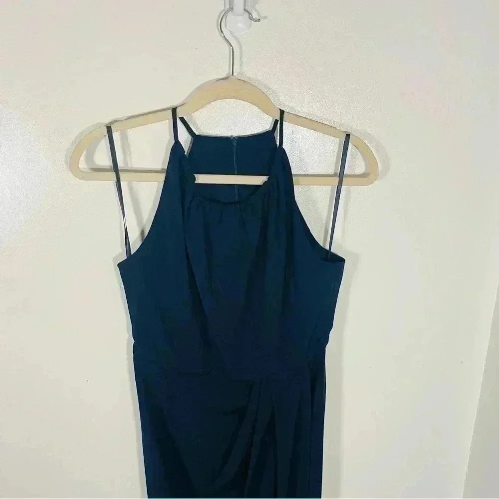 NWT Shona Joy High Neck Ruched Draped Maxi Dress Navy Blue